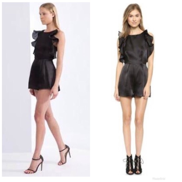 Keepsake Falling For You Silk Ruffle Trim Sides Pleated Short Romper Black Small - Picture 2 of 16